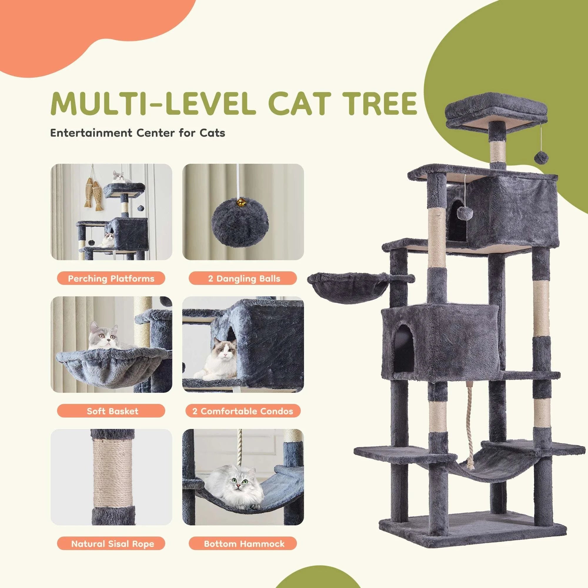 66-Inch Multi-Level Cat Tree Tower with Condo, Hammock & Scratching Posts-Beige / United States