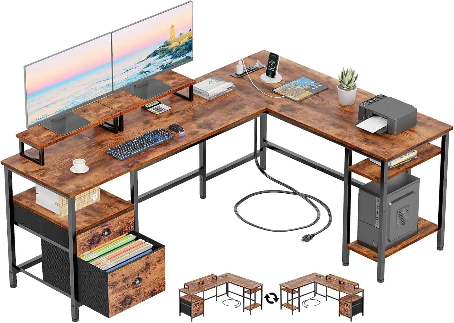66" L Shaped Desk with Power Outlet, Storage Shelves & Drawer-United States
