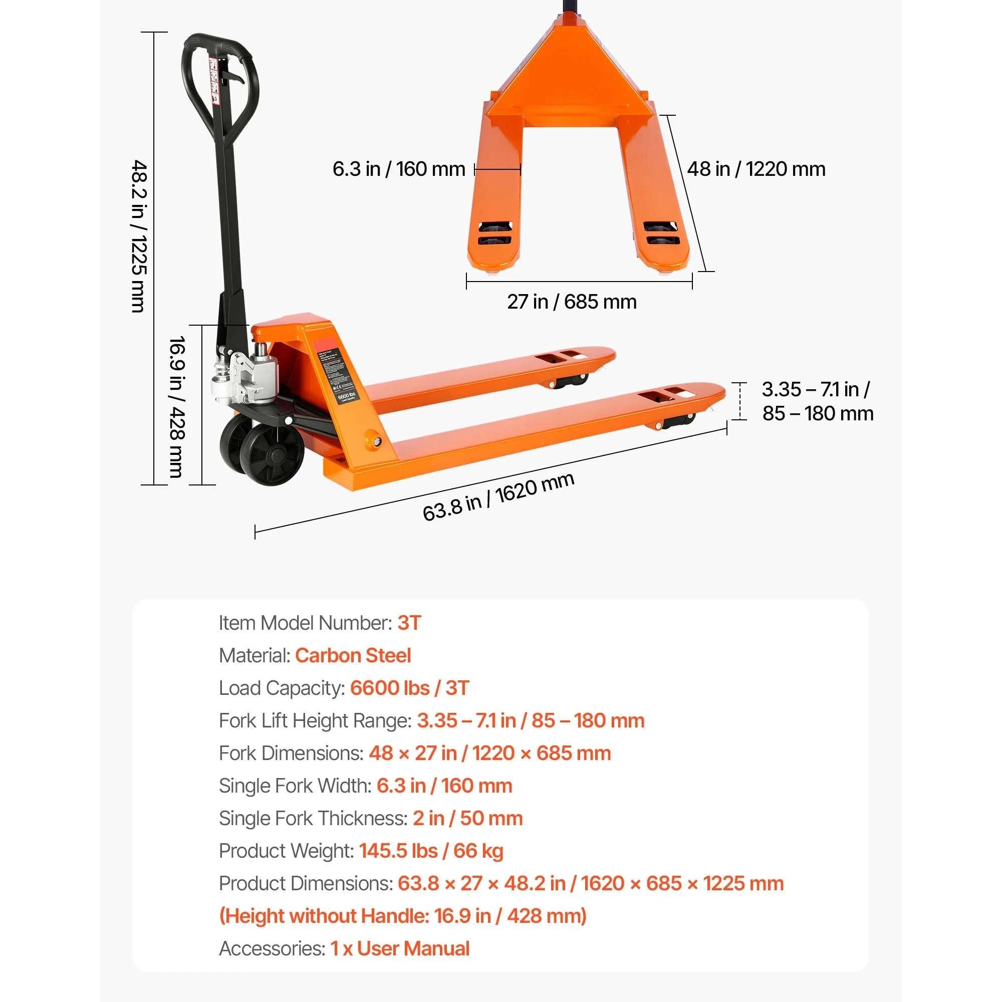 6600 lb Manual Pallet Jack 48x27 Forks Hydraulic Lift Truck-6600 lbs / United States