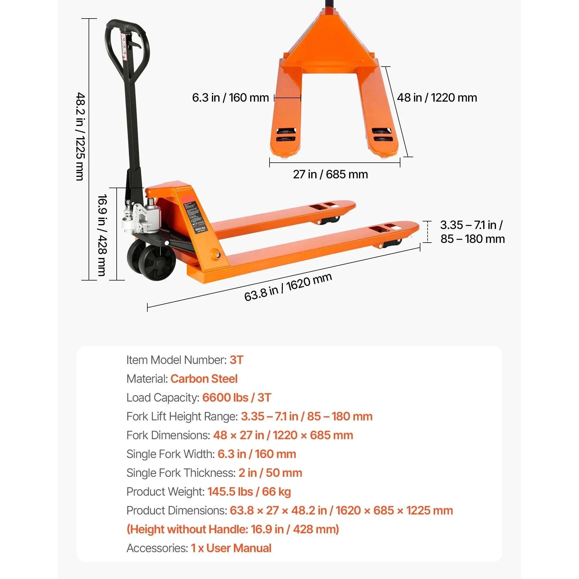6600 lb Manual Pallet Jack 48x27 Forks Hydraulic Lift Truck-6600 lbs / United States