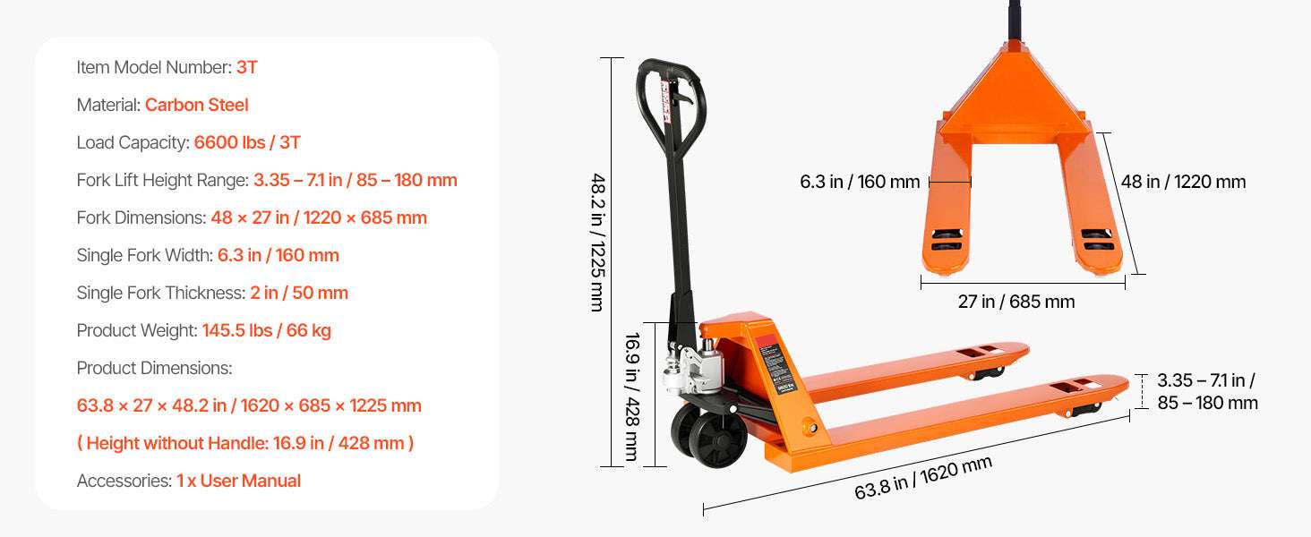 6600 lb Manual Pallet Jack 48x27 Forks Hydraulic Lift Truck-6600 lbs / United States