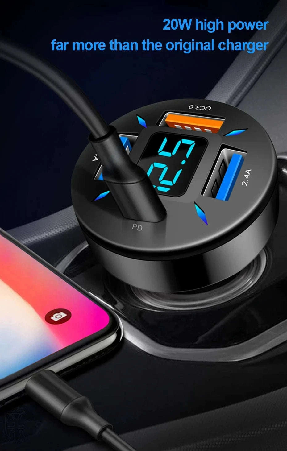66W Car Charger with 4 USB Ports and Voltage Display-Super Charge 1PC