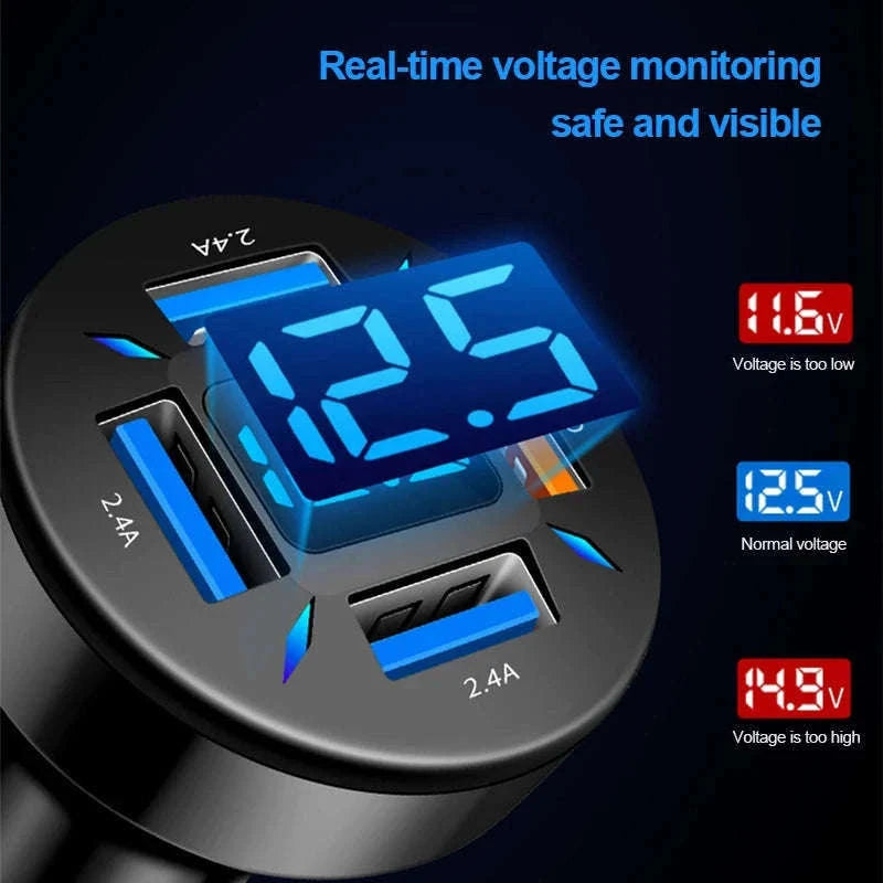 66W Car Charger with 4 USB Ports and Voltage Display-Super Charge 1PC