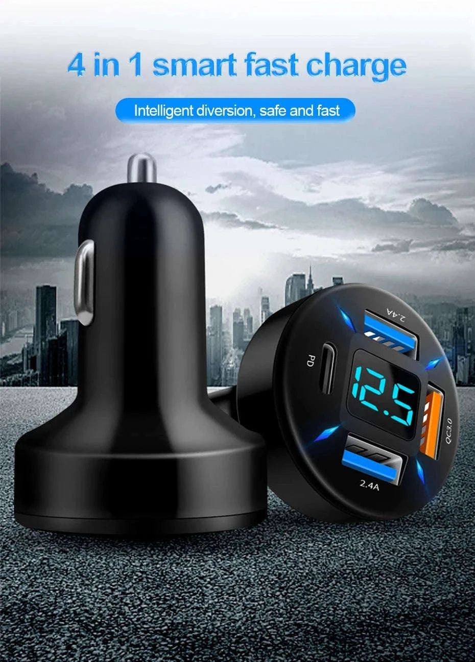 66W Car Charger with 4 USB Ports and Voltage Display-Super Charge 1PC