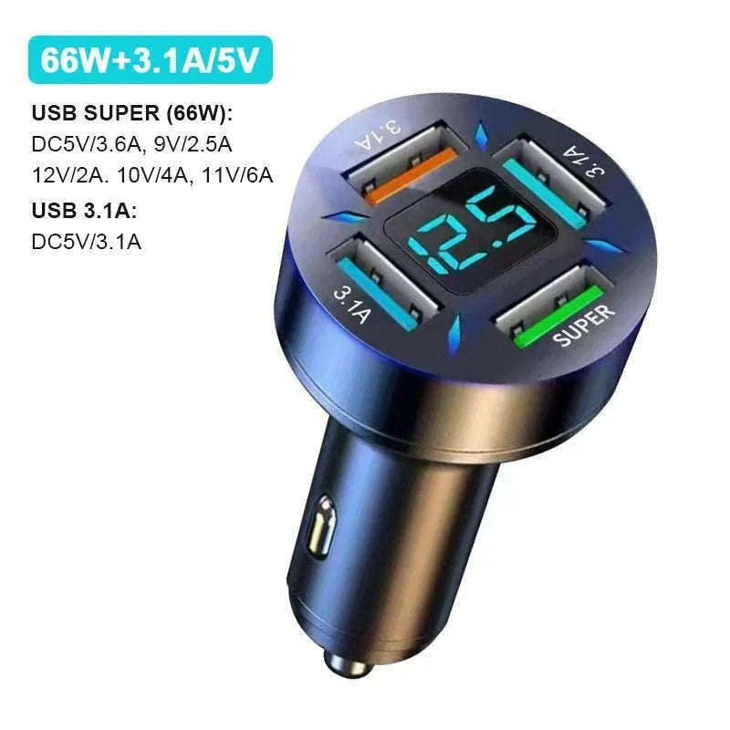 66W Car Charger with 4 USB Ports and Voltage Display-Super Charge 1PC