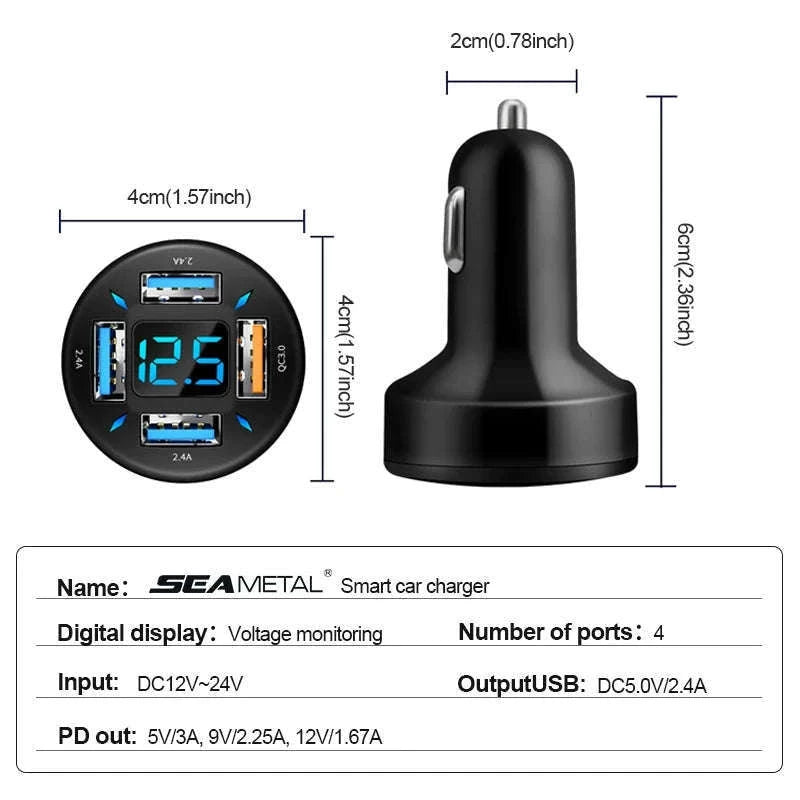 66W Car Charger with 4 USB Ports and Voltage Display-Super Charge 1PC