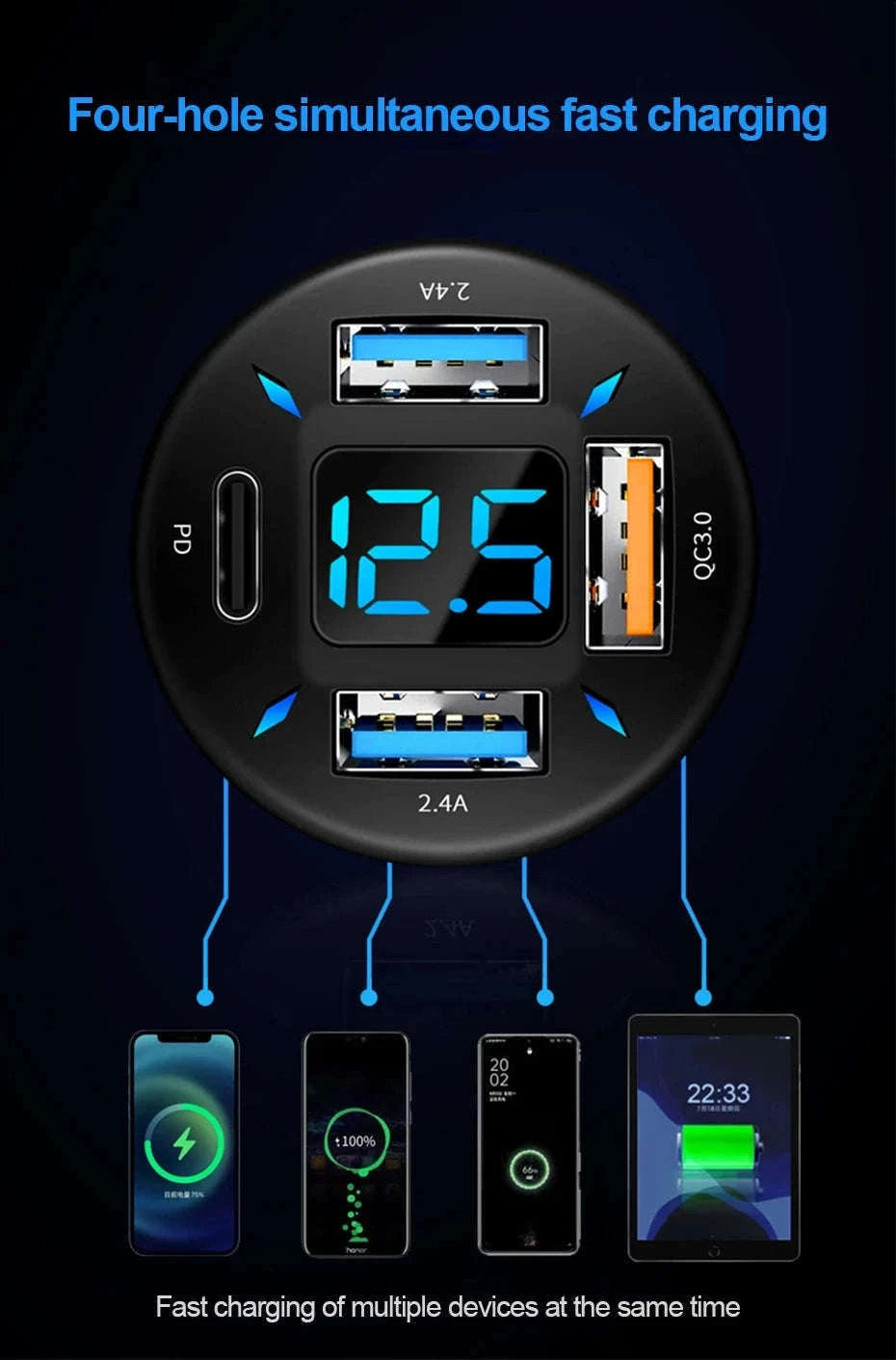 66W Car Charger with 4 USB Ports and Voltage Display-Super Charge 1PC