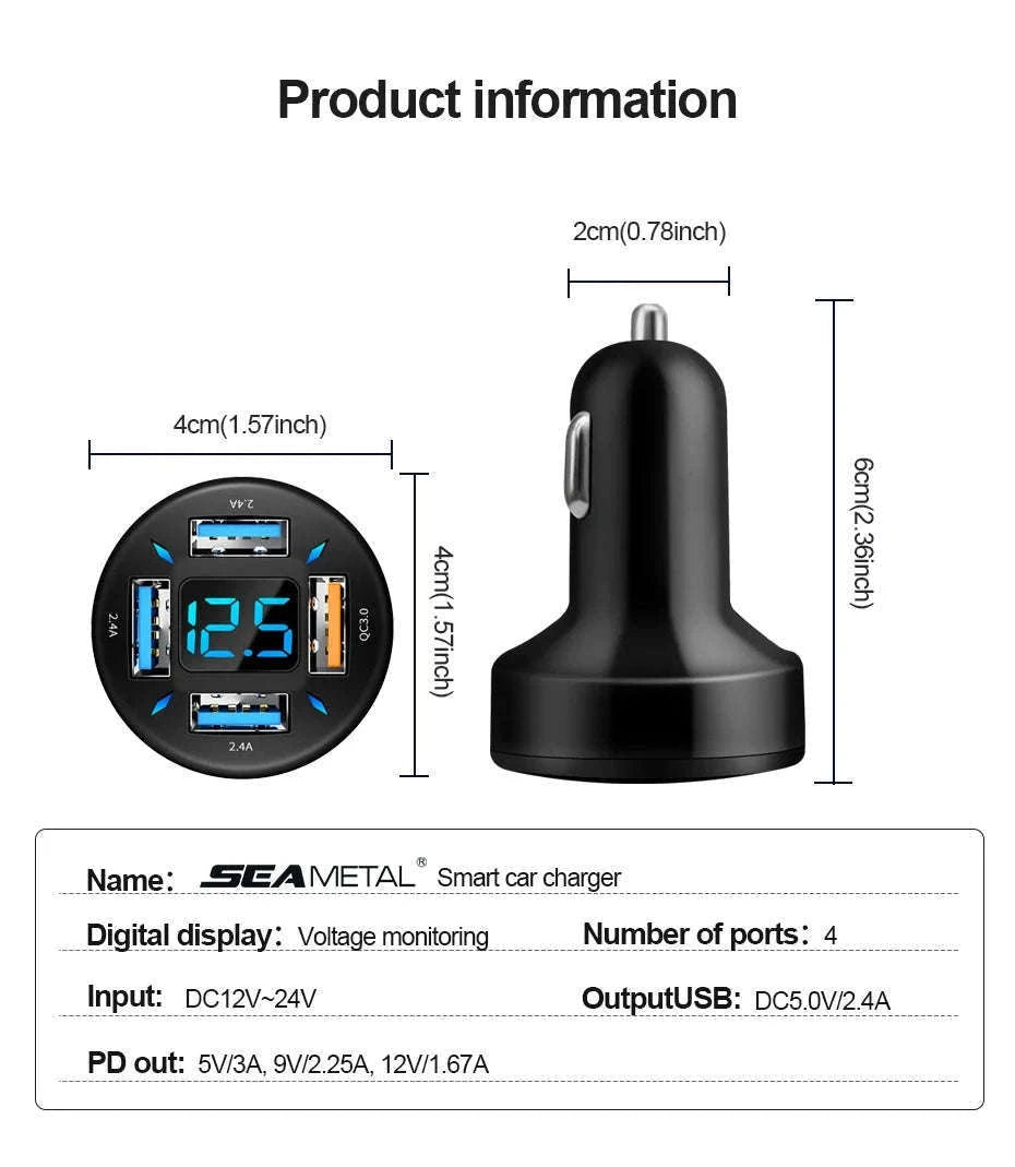 66W Car Charger with 4 USB Ports and Voltage Display-Super Charge 1PC