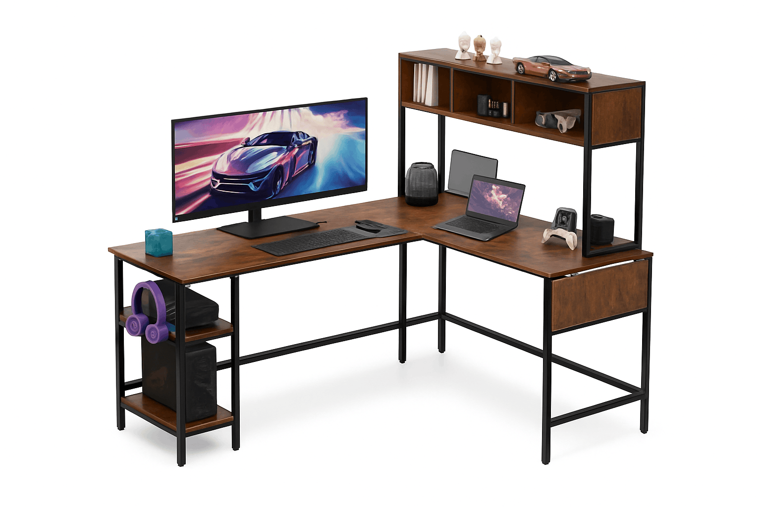 67" L-Shaped Gaming Desk with LED Lights & Keyboard Tray-Gray / United States