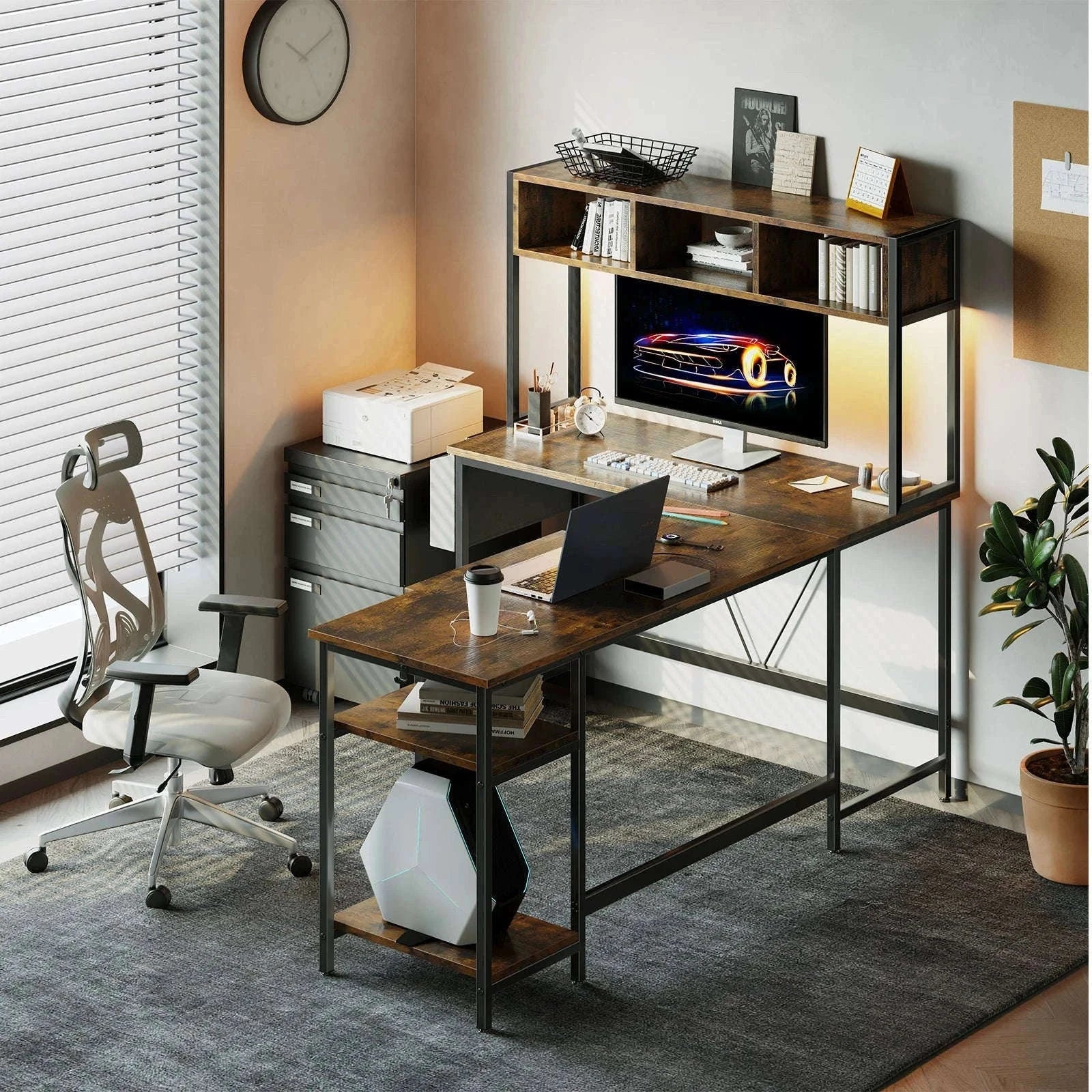 67" L-Shaped Gaming Desk with LED Lights & Keyboard Tray-Gray / United States