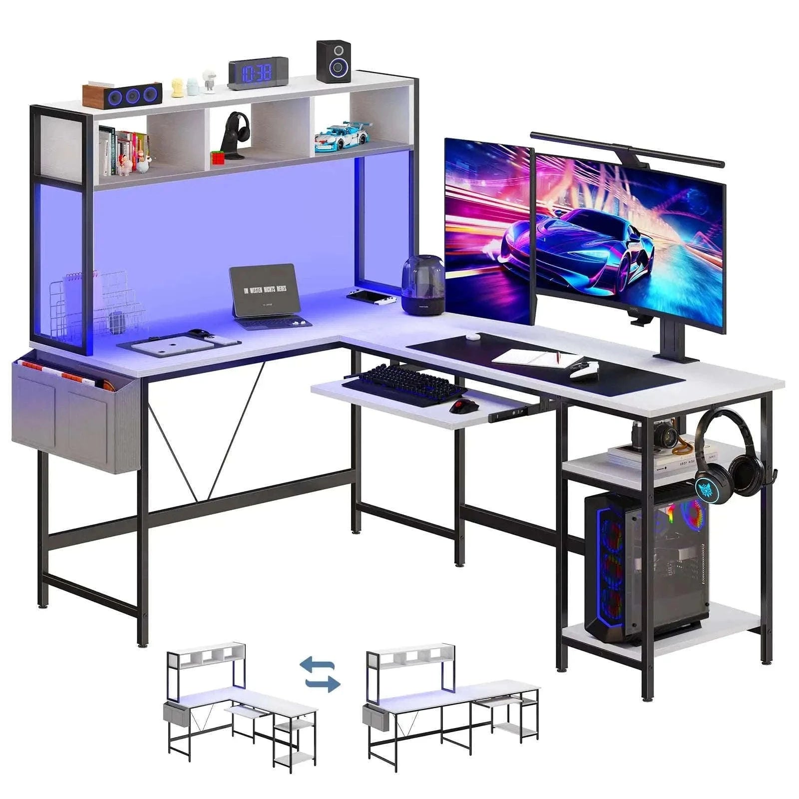 67" L-Shaped Gaming Desk with LED Lights & Keyboard Tray-Gray / United States
