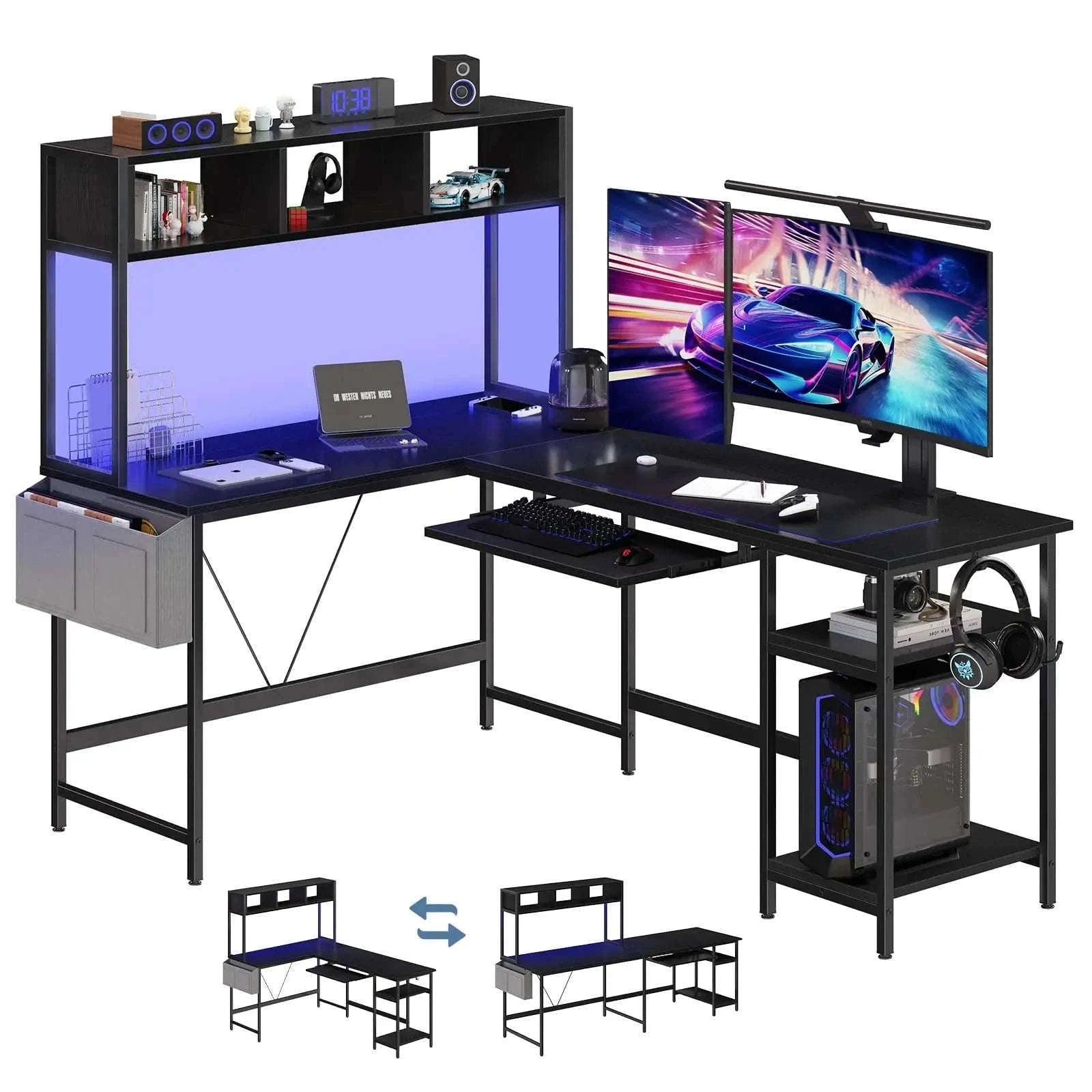 67" L-Shaped Gaming Desk with LED Lights & Keyboard Tray-Gray / United States