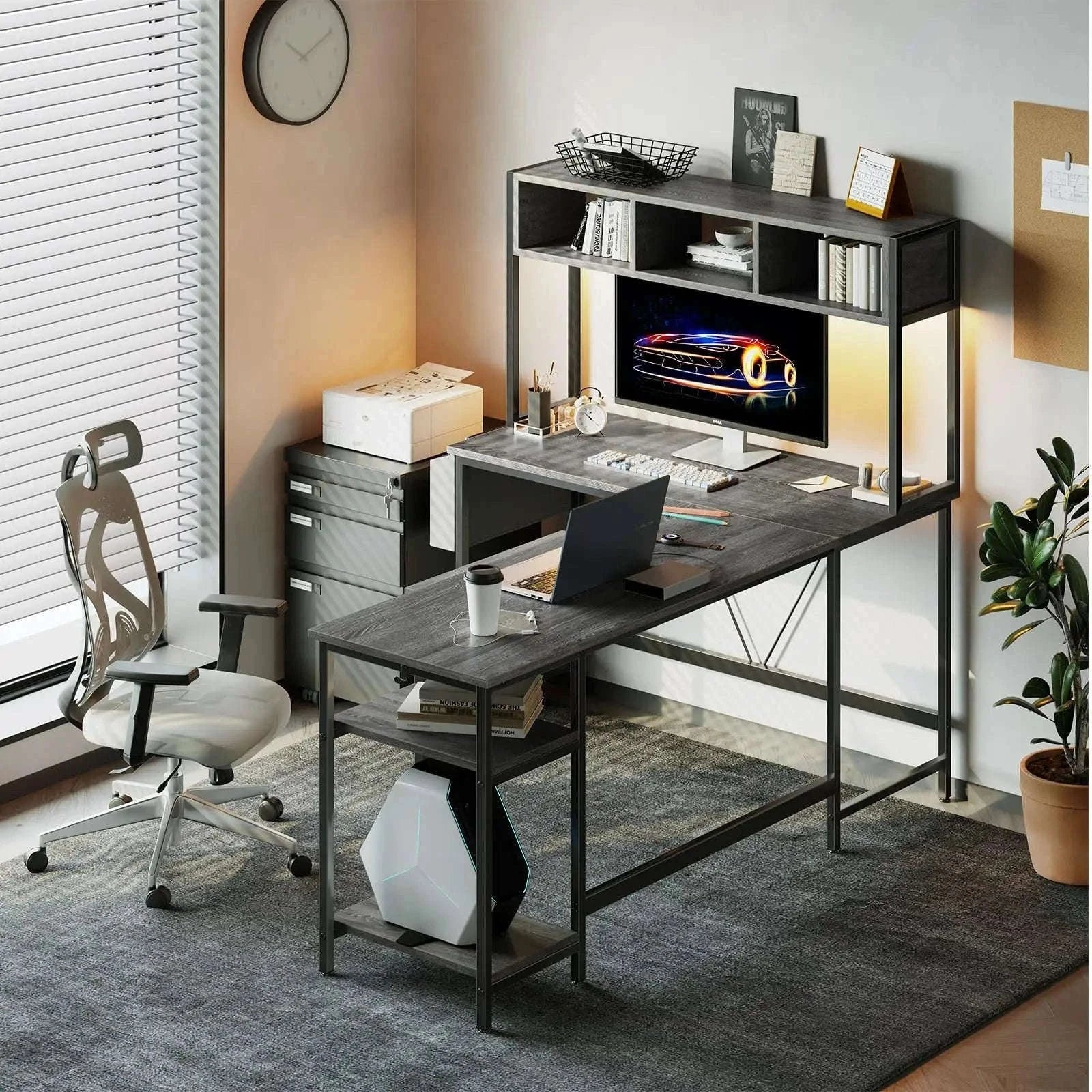 67" L-Shaped Gaming Desk with LED Lights & Keyboard Tray-Gray / United States
