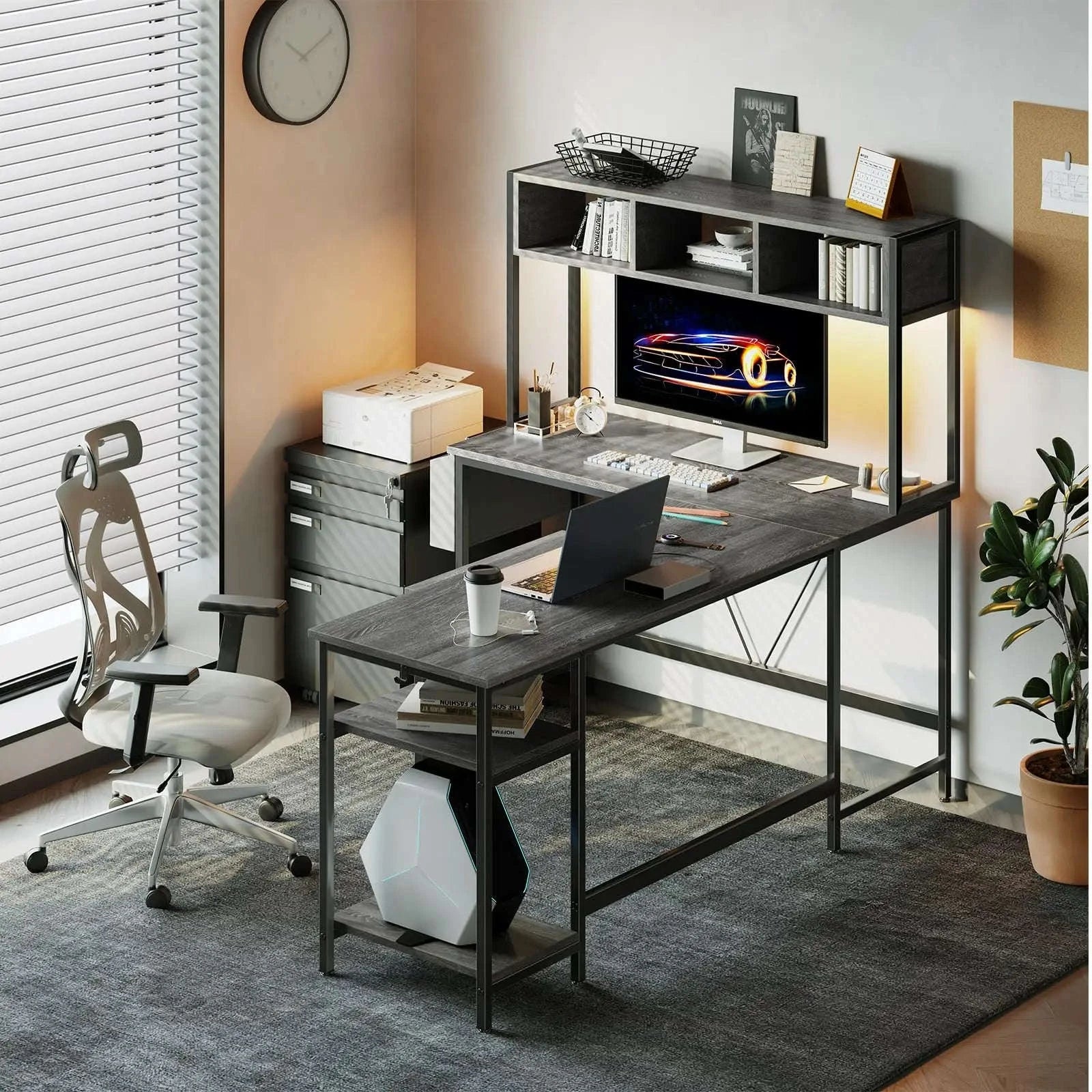 67" L-Shaped Gaming Desk with LED Lights & Keyboard Tray-Gray / United States