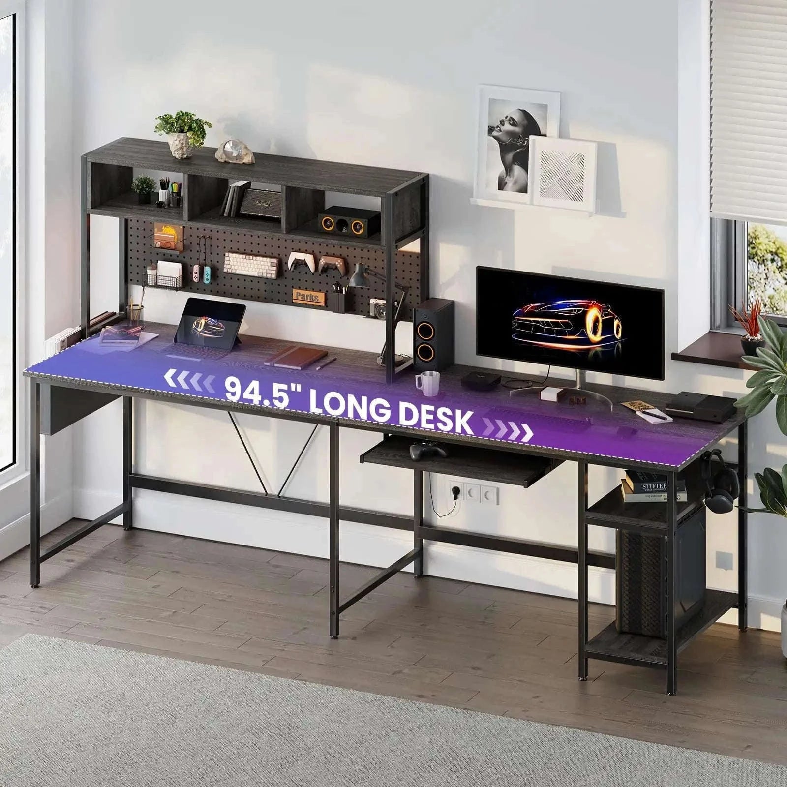 67" L-Shaped Gaming Desk with LED Lights & Keyboard Tray-Gray / United States