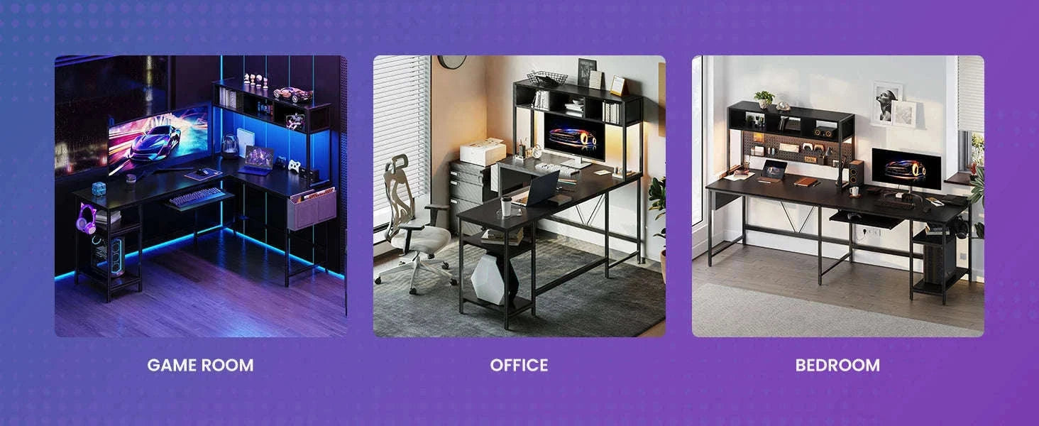 67" L-Shaped Gaming Desk with LED Lights & Keyboard Tray-Gray / United States