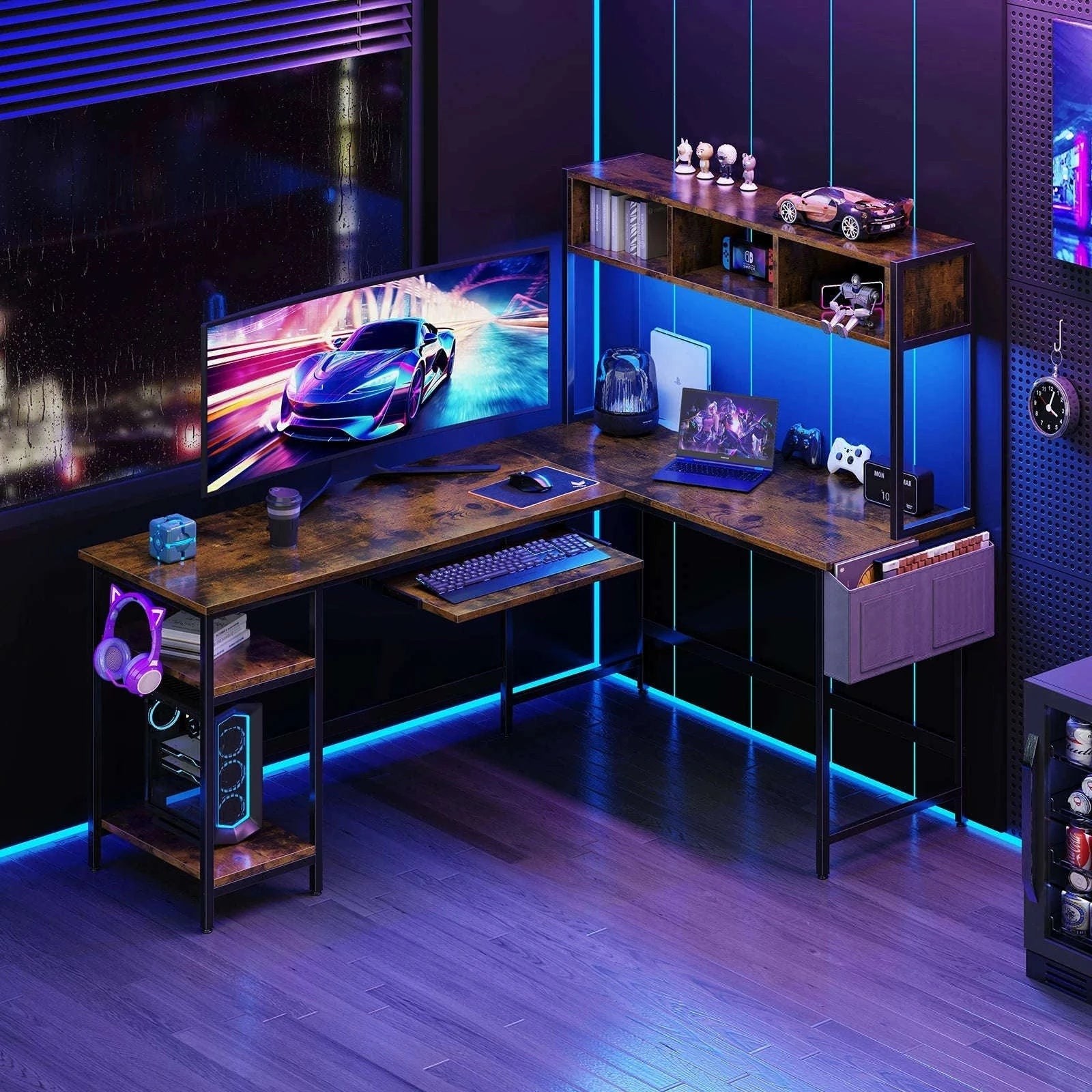 67" L-Shaped Gaming Desk with LED Lights & Keyboard Tray-Gray / United States