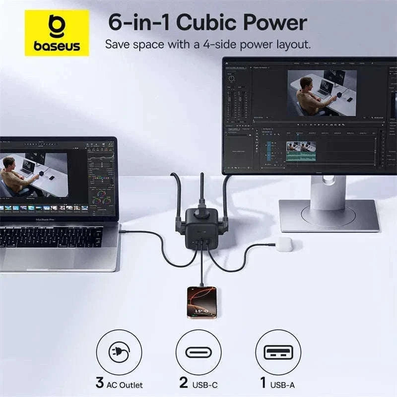 67W GaN Fast Charging Power Strip with 6 Ports and 3 AC Outlets-67W Black EU 220V