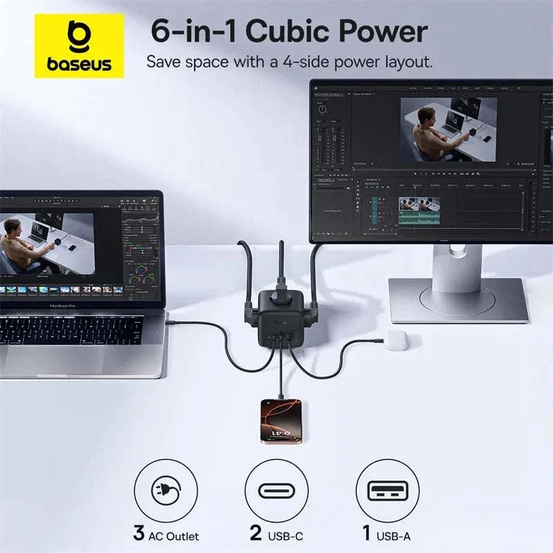67W GaN Fast Charging Power Strip with 6 Ports and 3 AC Outlets-67W Black EU 220V