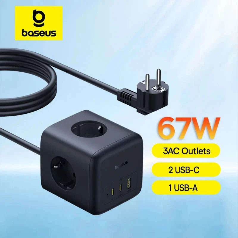67W GaN Fast Charging Power Strip with 6 Ports and 3 AC Outlets-67W Black EU 220V