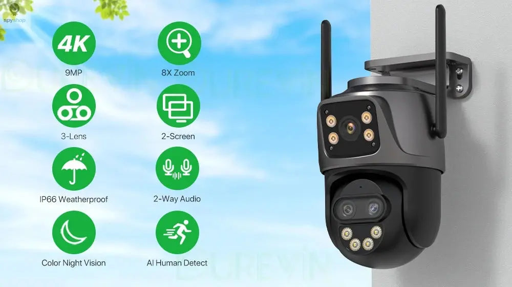 6K 9MP HD IP Camera Outdoor Three-Lens External WiFi Camera 4K/2K Dual Screen Security PTZ Cam Auto Tracking Surveillance iCSee Spy-shop.com