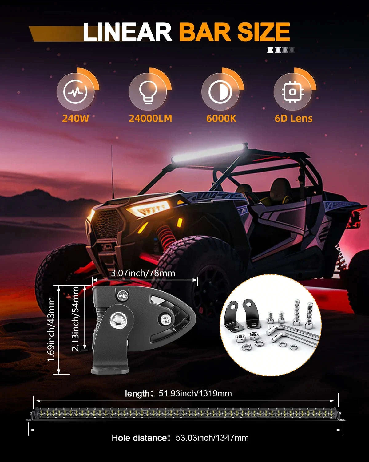 6D Ultra Slim Single Row LED Light Bar 6000K White-20inch 1pcs