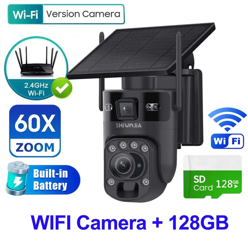 6K 12MP 4G/WiFi Solar Battery Security Camera 60X Zoom PTZ Outdoor-Black WIFI  32GB