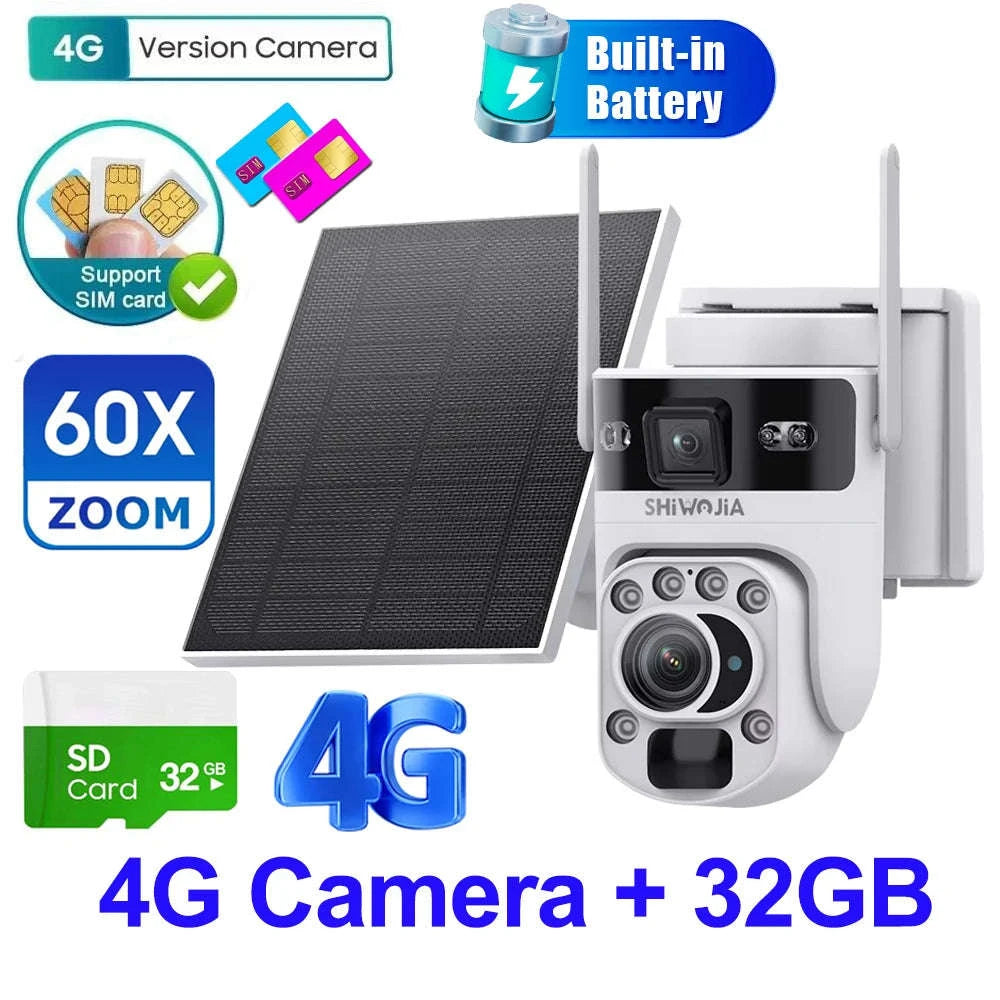 6K 12MP 4G/WiFi Solar Battery Security Camera 60X Zoom PTZ Outdoor-Black WIFI  32GB