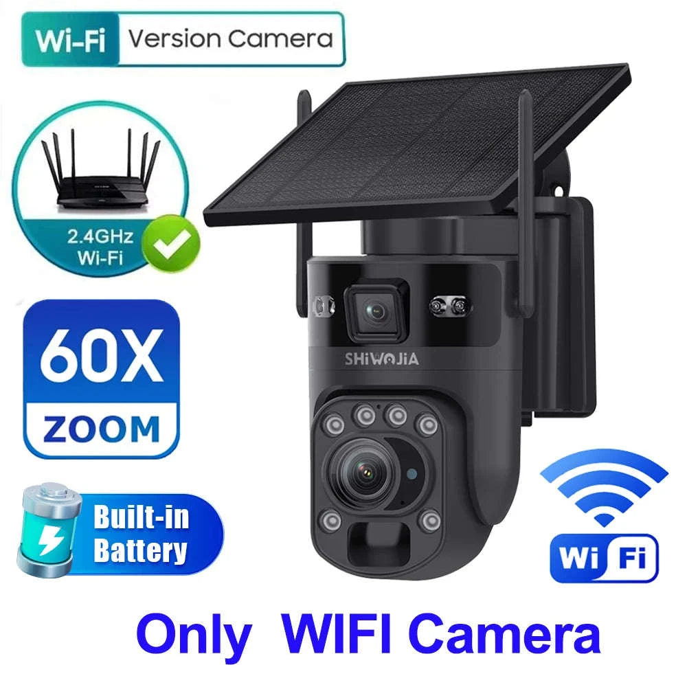6K 12MP 4G/WiFi Solar Battery Security Camera 60X Zoom PTZ Outdoor-Black WIFI  32GB