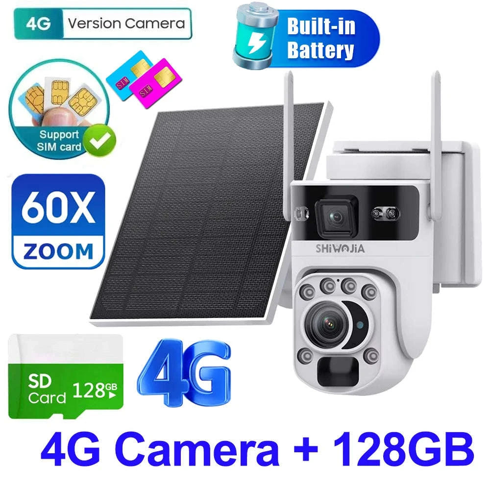 6K 12MP 4G/WiFi Solar Battery Security Camera 60X Zoom PTZ Outdoor-Black WIFI  32GB