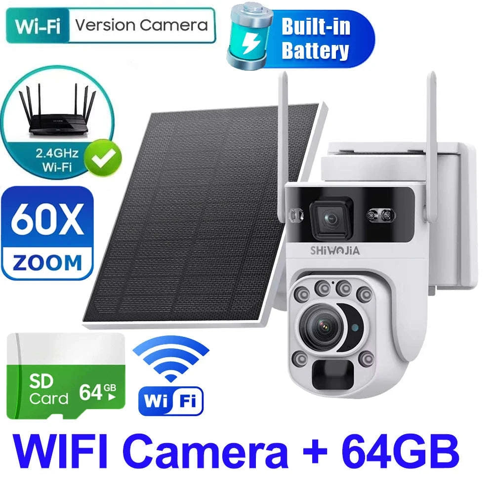 6K 12MP 4G/WiFi Solar Battery Security Camera 60X Zoom PTZ Outdoor-Black WIFI  32GB