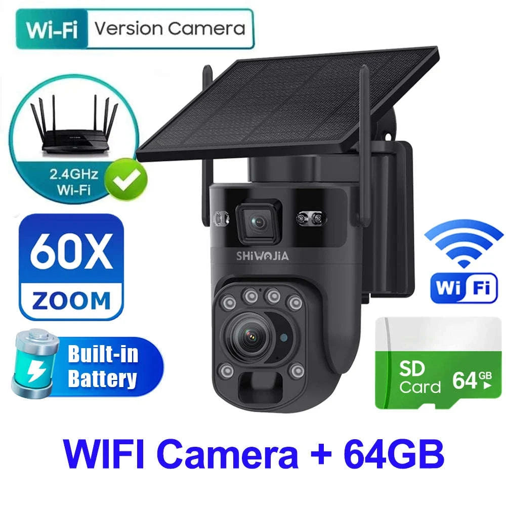 6K 12MP 4G/WiFi Solar Battery Security Camera 60X Zoom PTZ Outdoor-Black WIFI  32GB