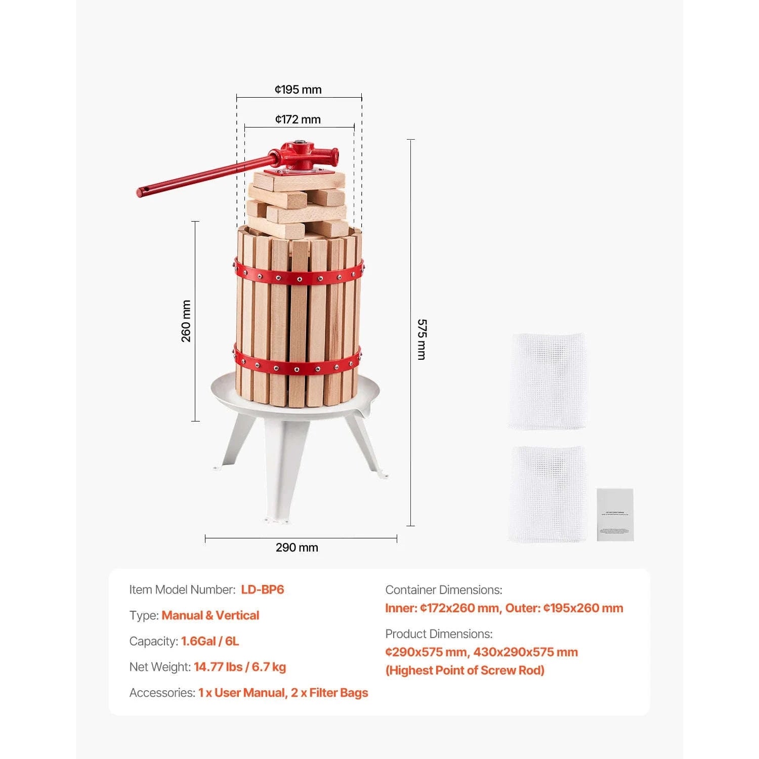 6L Solid Wood Fruit Wine Press with 8 Blocks-6L / Germany