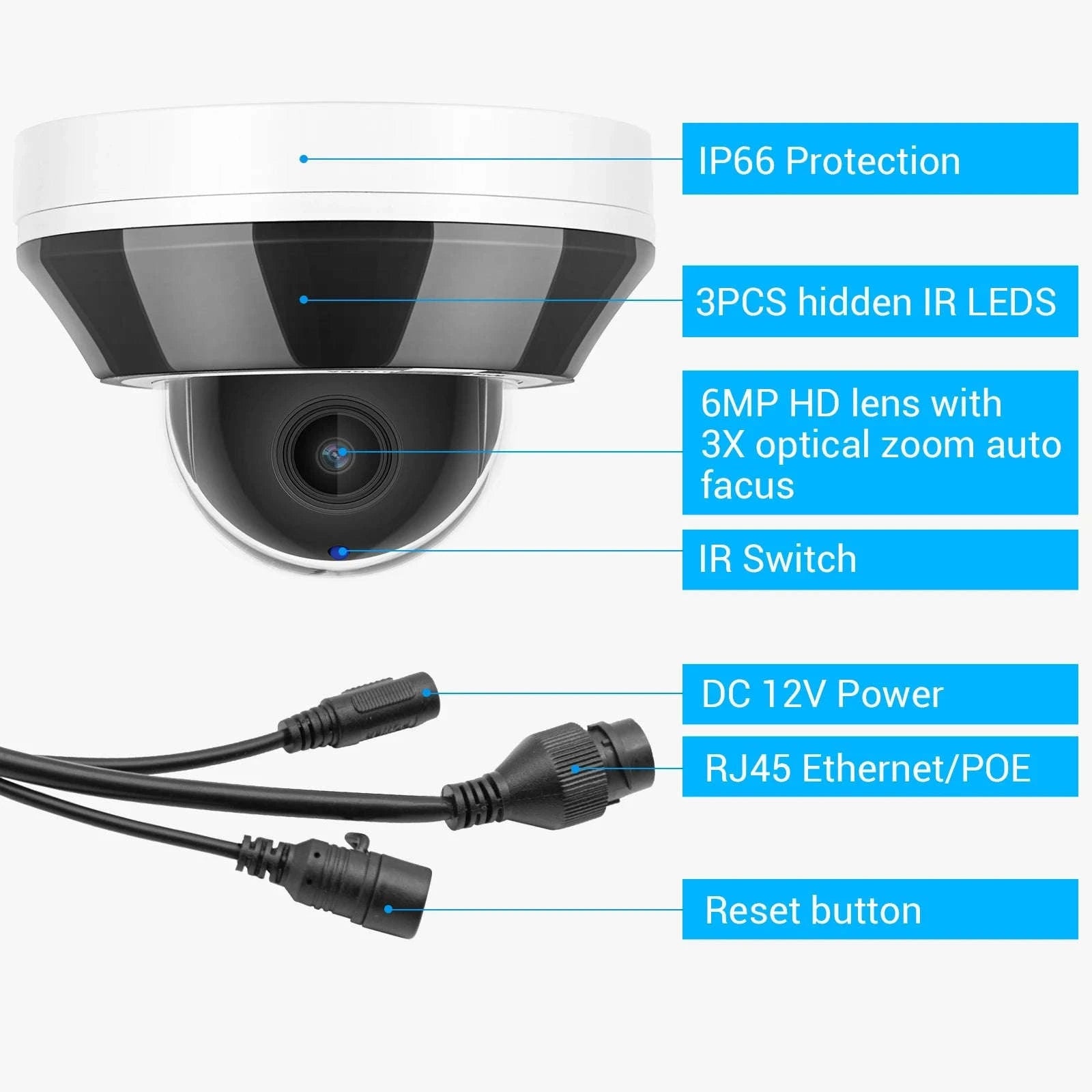 6MP POE PTZ Dome IP Camera – Outdoor Surveillance-6MP 3X ZOOM / Auto Varifocal / United States