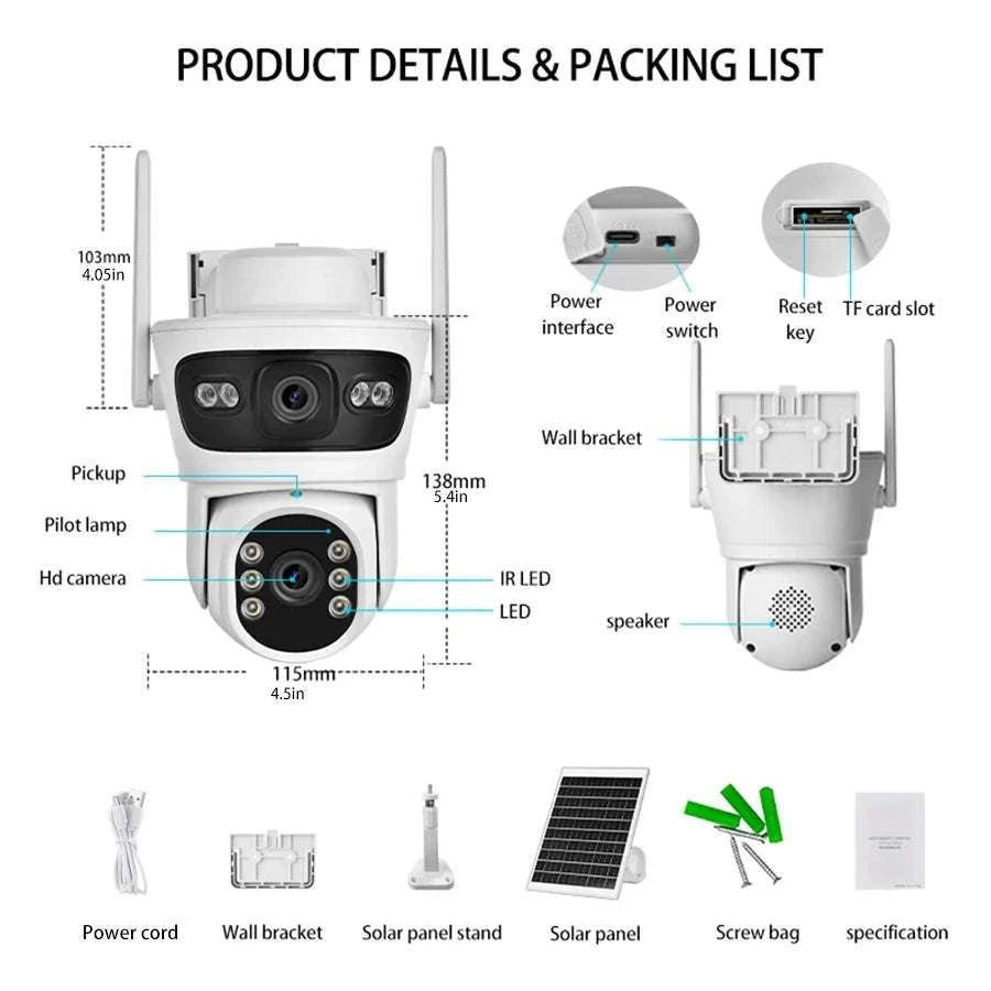 6MP Solar WiFi Security Camera Outdoor Dual Lens PTZ 360° View-Camera add 32G Card