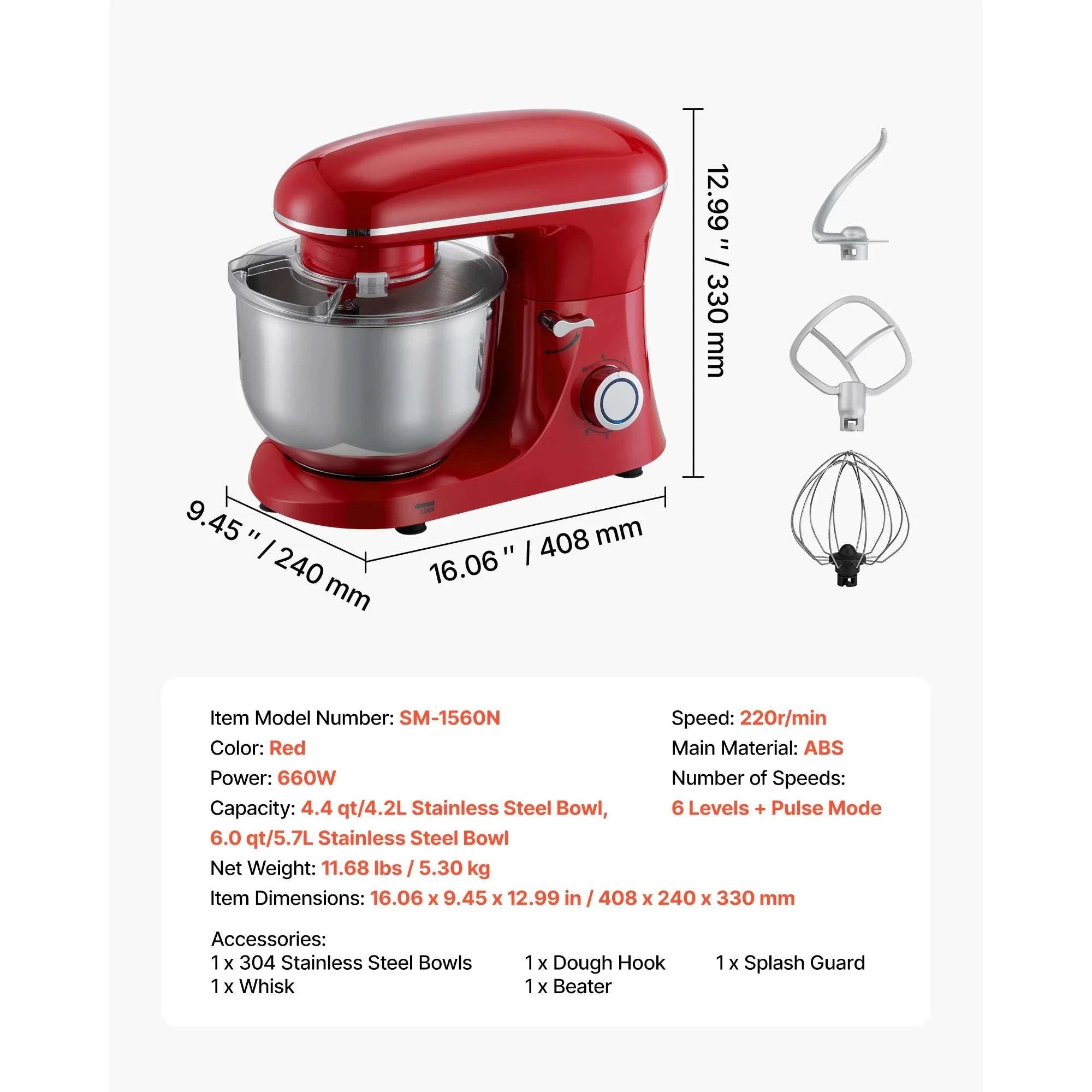 6QT Electric Stand Mixer with 6 Speeds & Stainless Steel Bowl-5.7L / United States