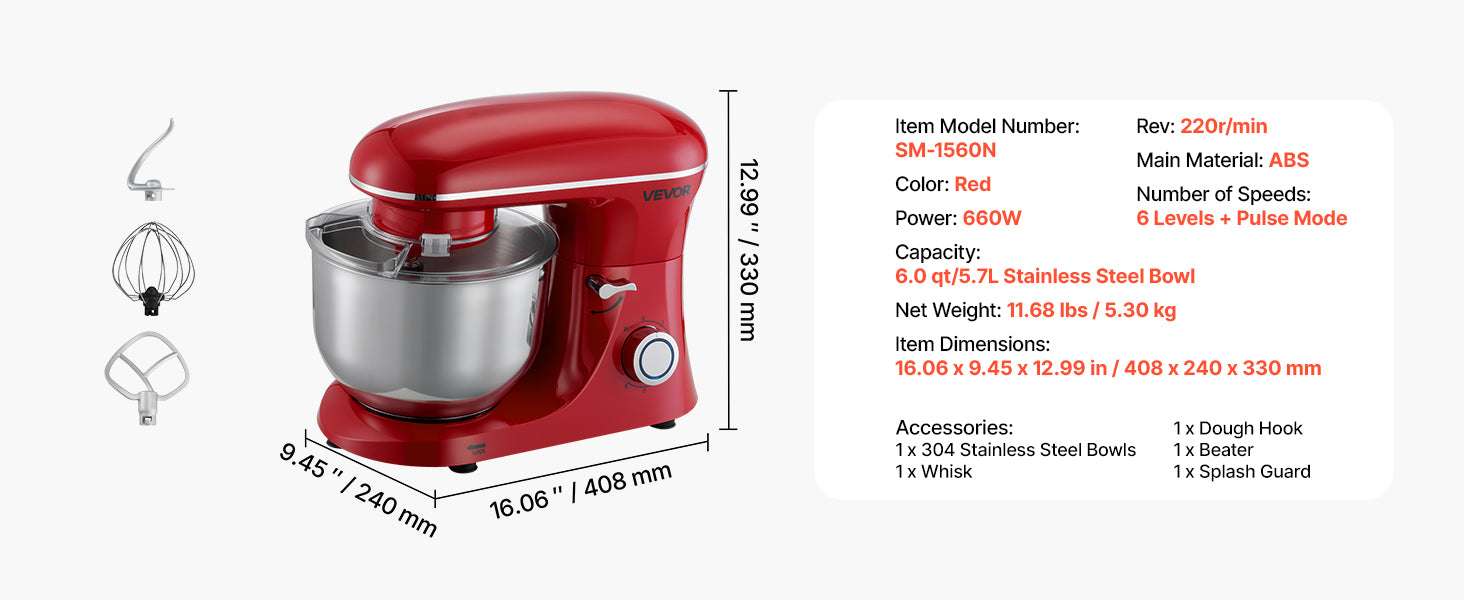 6QT Electric Stand Mixer with 6 Speeds & Stainless Steel Bowl-5.7L / United States