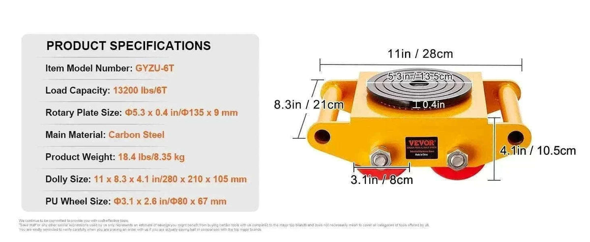 6T Heavy Duty Machinery Mover Skate with 360° Rotation Wheels-