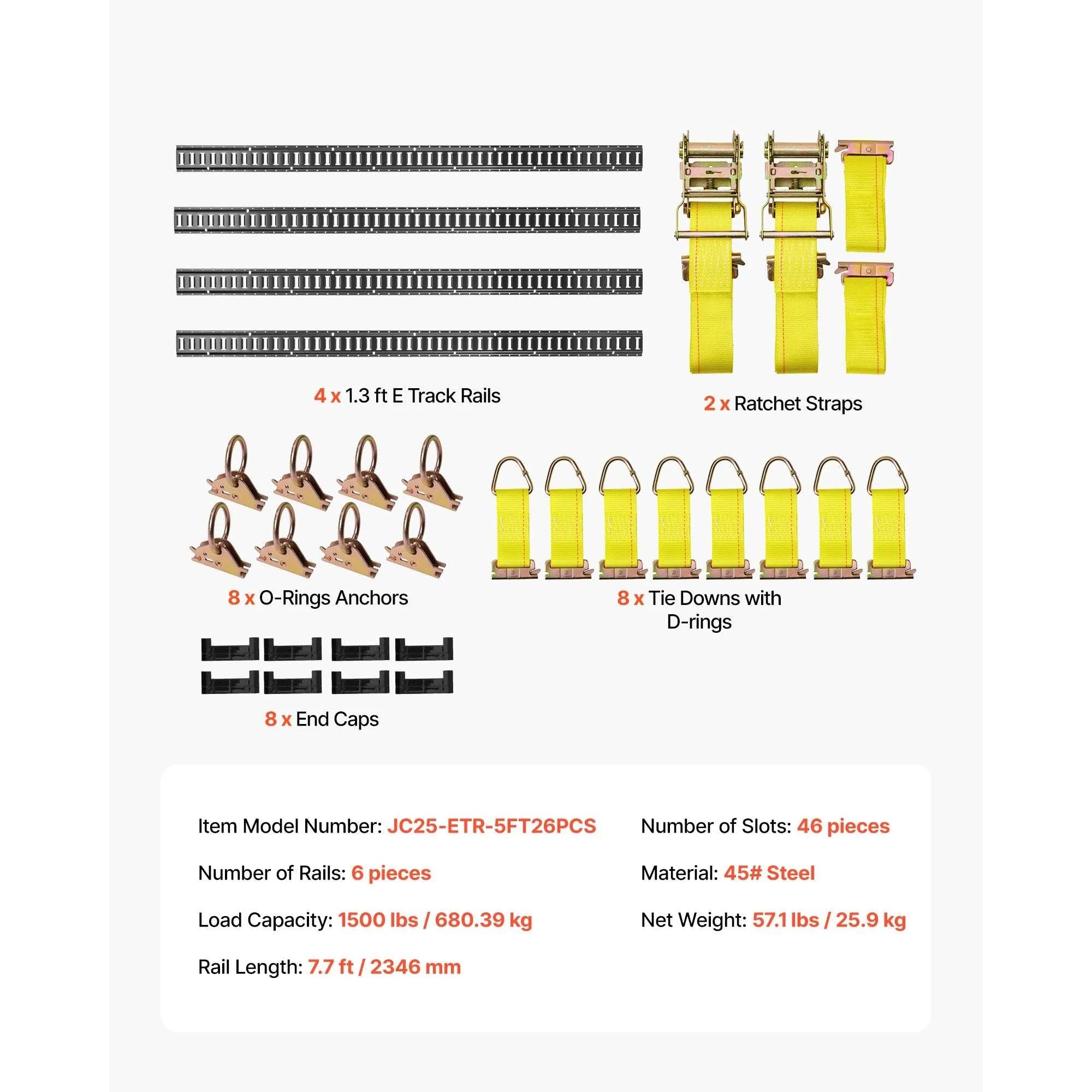 7.7 ft E-Track Tie-Down Rail Kit with Straps & Anchors (4 Pack)-4 Pack / United States