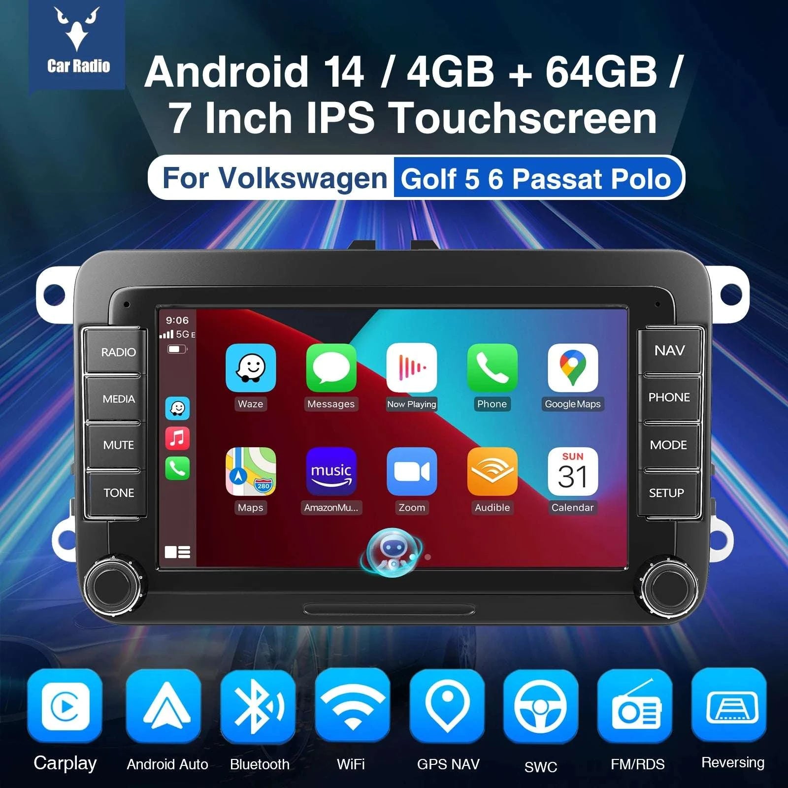 7" Android 14 Car Stereo for VW with CarPlay, GPS & Voice AI-1-32 Carplay / GERMANY / Quad Core