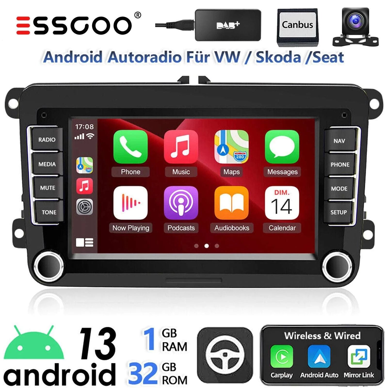 7" Android 14 Car Stereo for VW with CarPlay, GPS & Voice AI-1-32 Carplay / GERMANY / Quad Core
