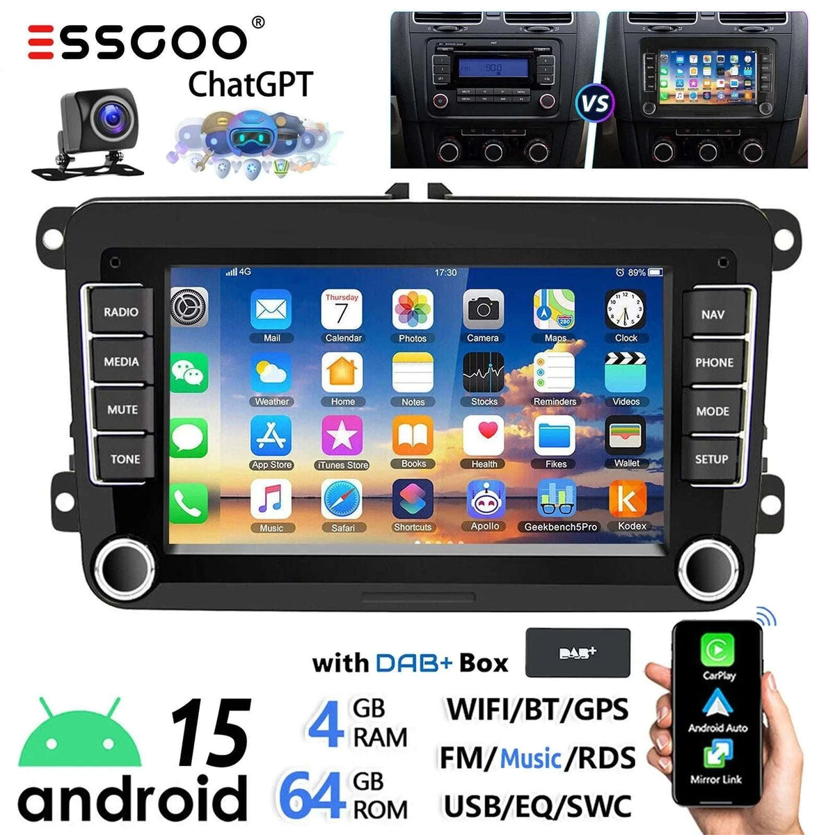 7" Android 14 Car Stereo for VW with CarPlay, GPS & Voice AI-1-32 Carplay / GERMANY / Quad Core