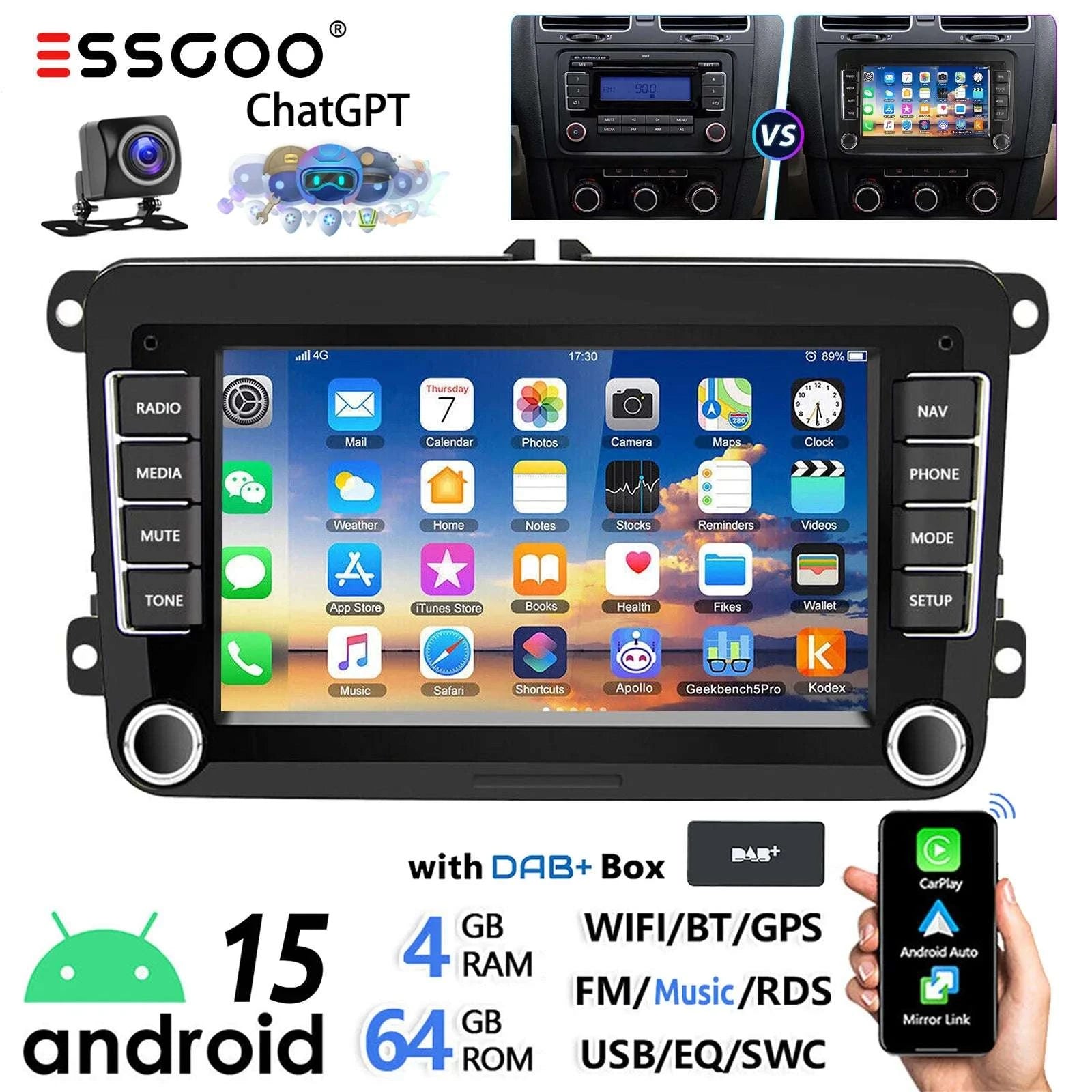 7" Android 14 Car Stereo for VW with CarPlay, GPS & Voice AI-1-32 Carplay / GERMANY / Quad Core