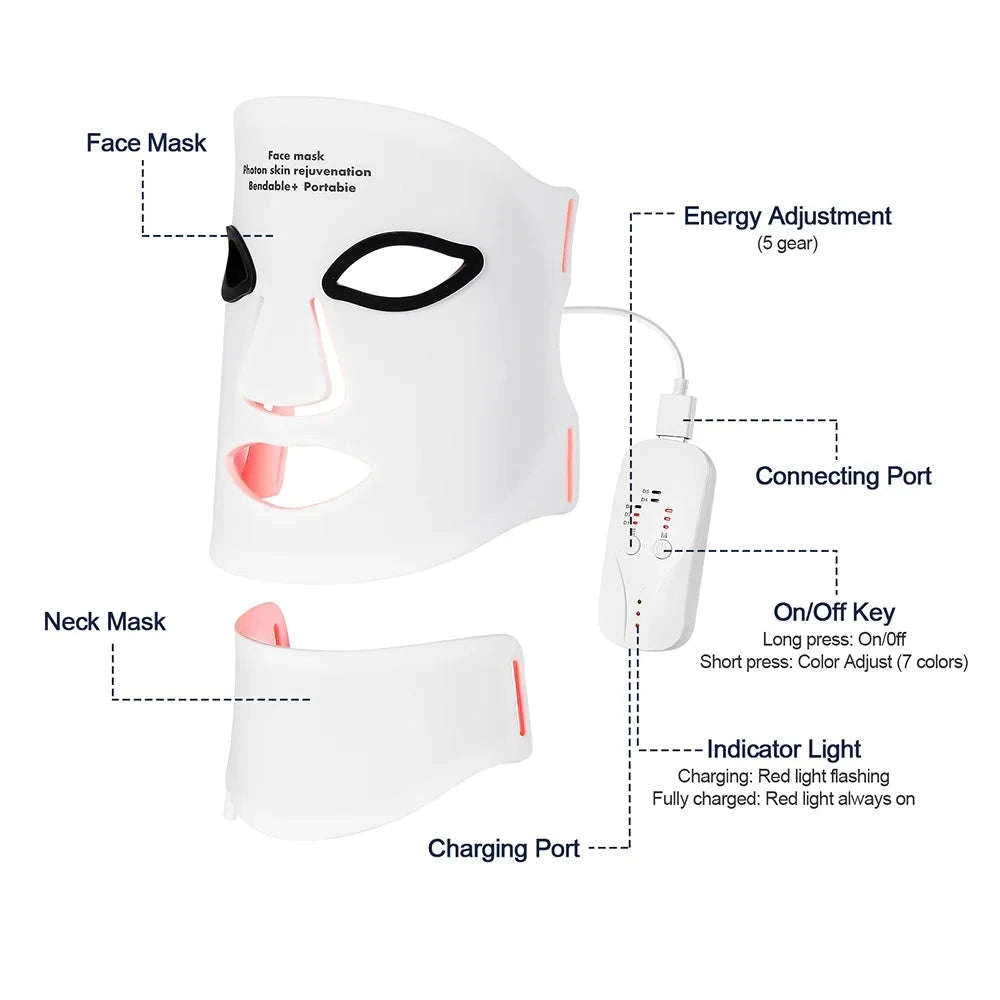 7 Color LED Silicone Face & Neck Mask for Skin Rejuvenation-WHITE / United States