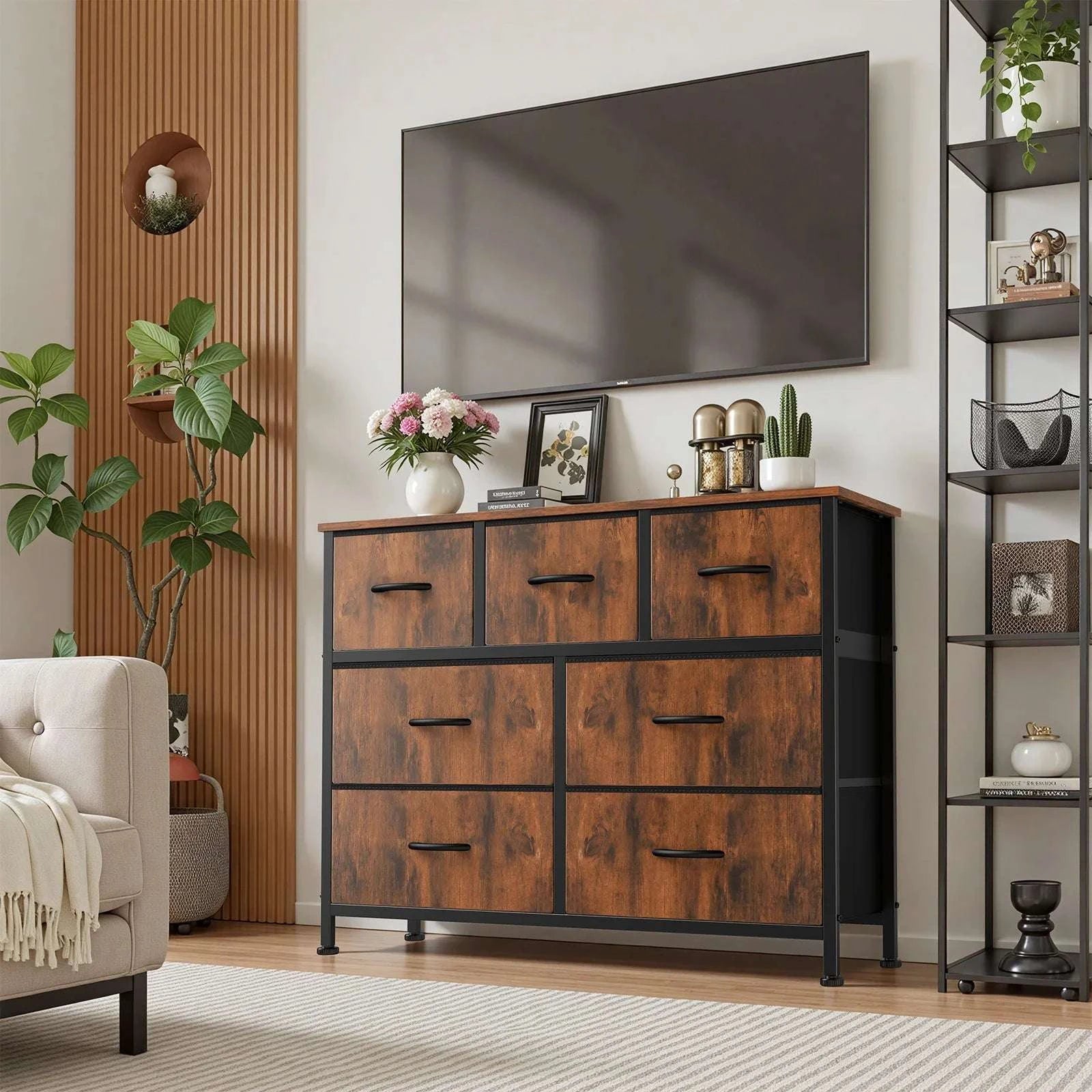 7-Drawer Fabric Dresser Organizer with Metal Frame and Wood Top-GRAY / GERMANY