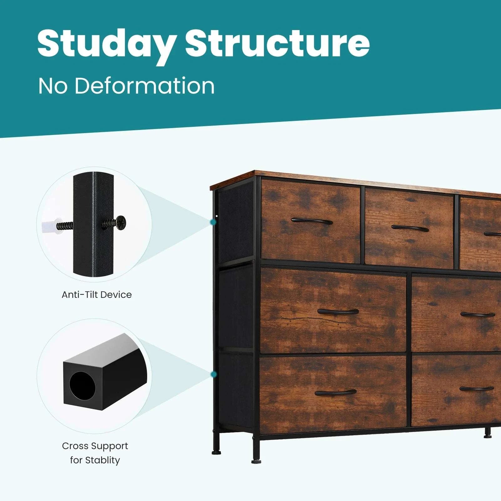 7-Drawer Fabric Dresser Organizer with Metal Frame and Wood Top-GRAY / GERMANY