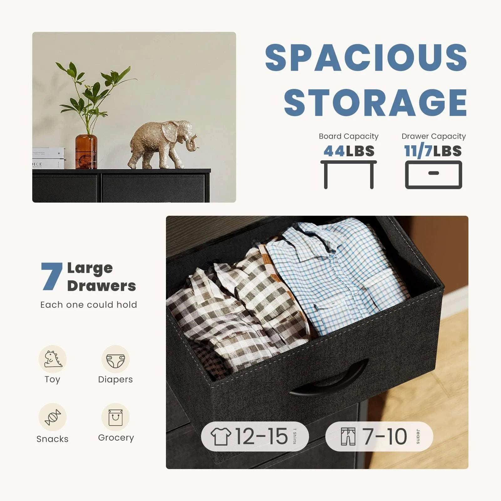 7-Drawer Fabric Dresser Organizer with Metal Frame and Wood Top-GRAY / GERMANY