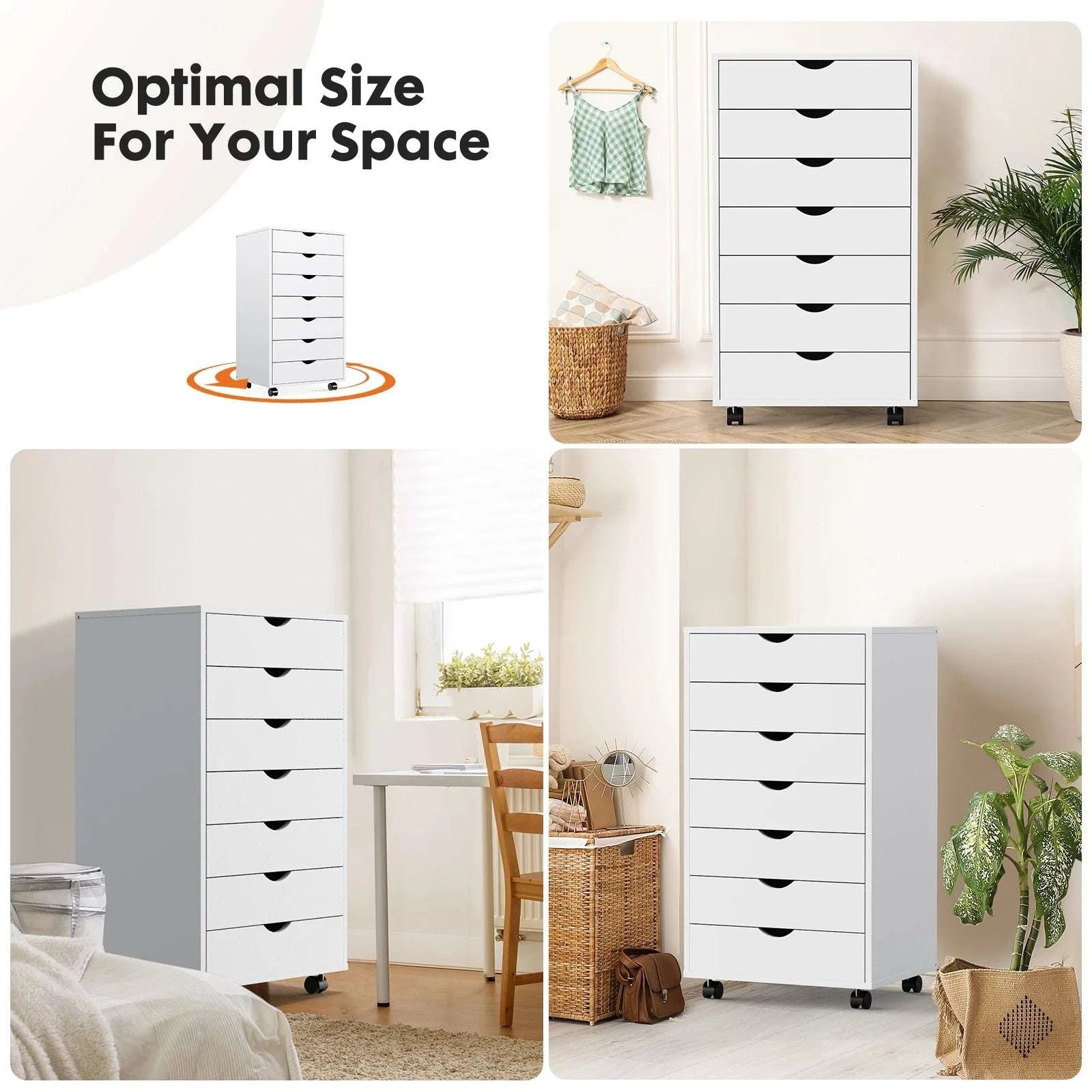 7 Drawer Rolling Storage Cabinet with Wheels Wooden Chest Organizer-WHITE / United States
