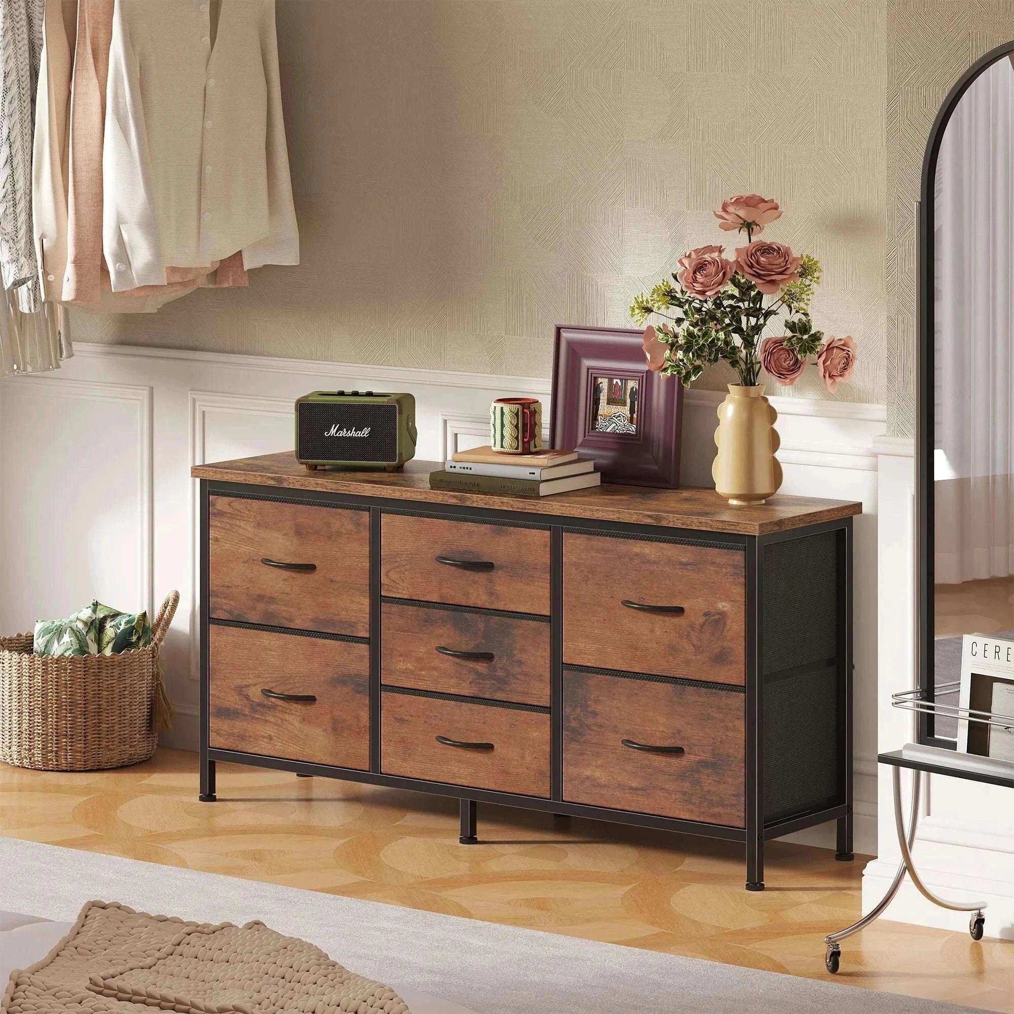 7 Drawer TV Stand Dresser with Storage & Charging Station for 32–55” TVs-Chocolate / United States