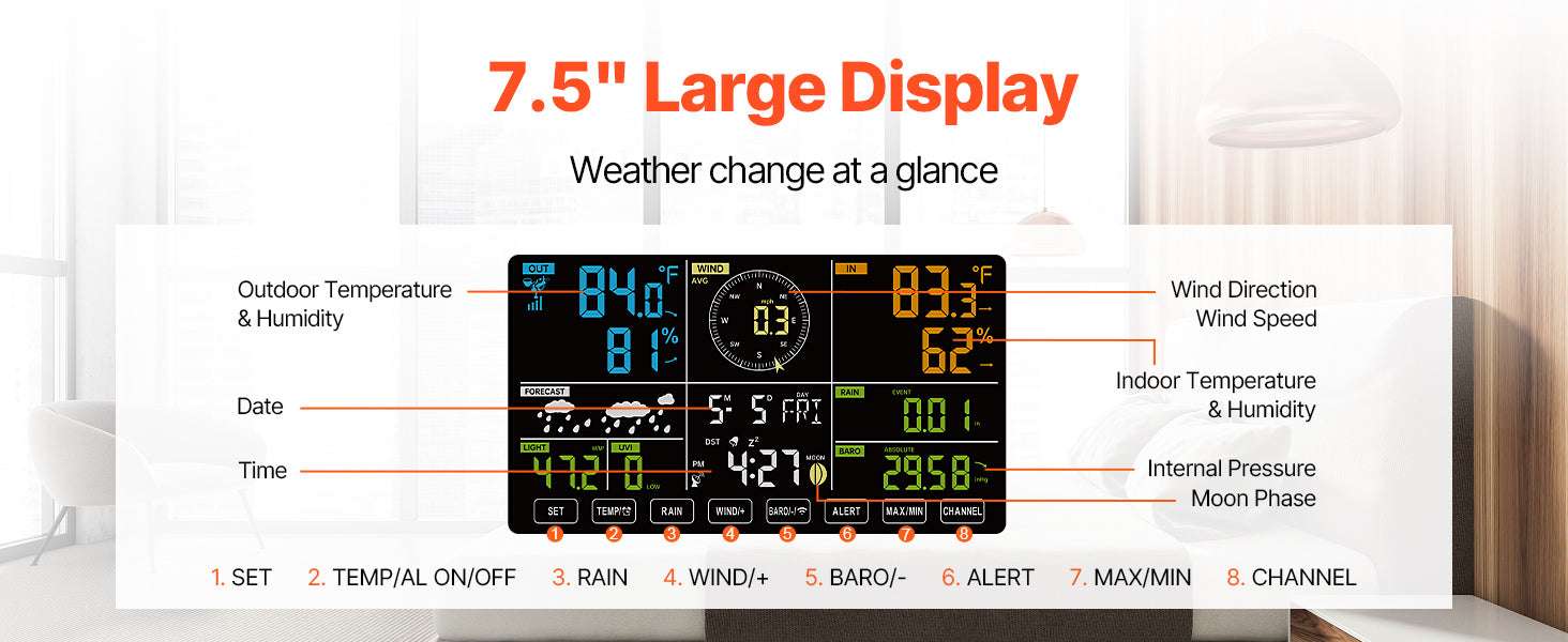 7-in-1 Wireless Weather Station with 7.5" Display & Outdoor Sensor-spain
